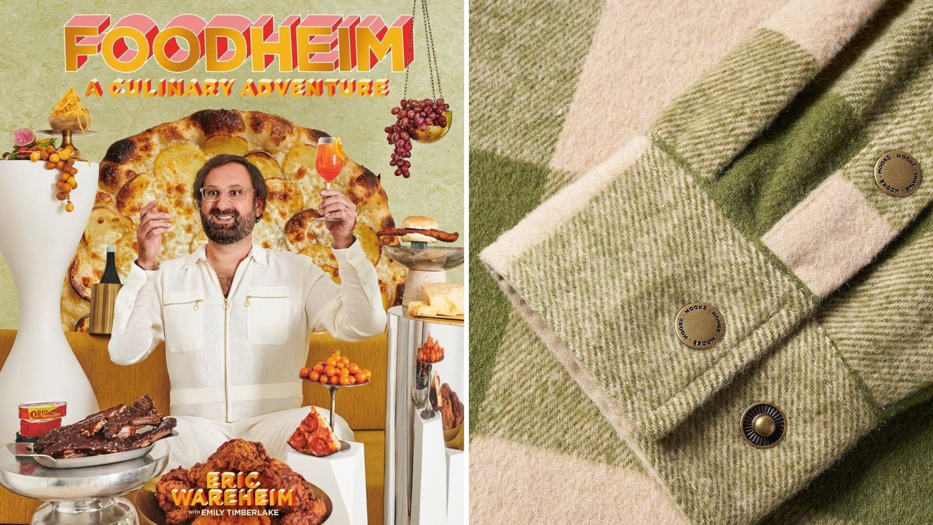 a split image of a cookbook and the sleeve of a plaid shirt