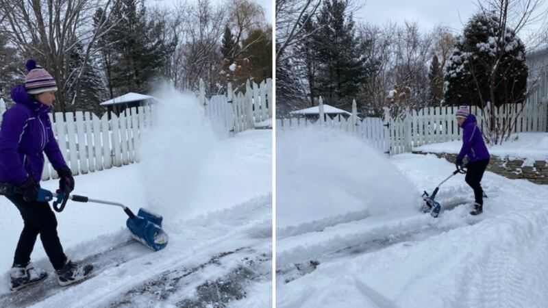 Split image of Valérie Sarding using the Enhulk Electric Snow Shovel