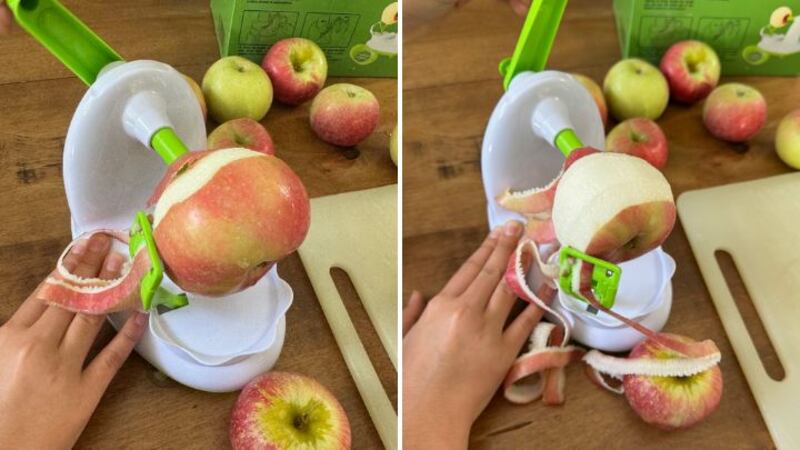 Split image of Valerie using the EZMO 3-in-1 Apple Peeler