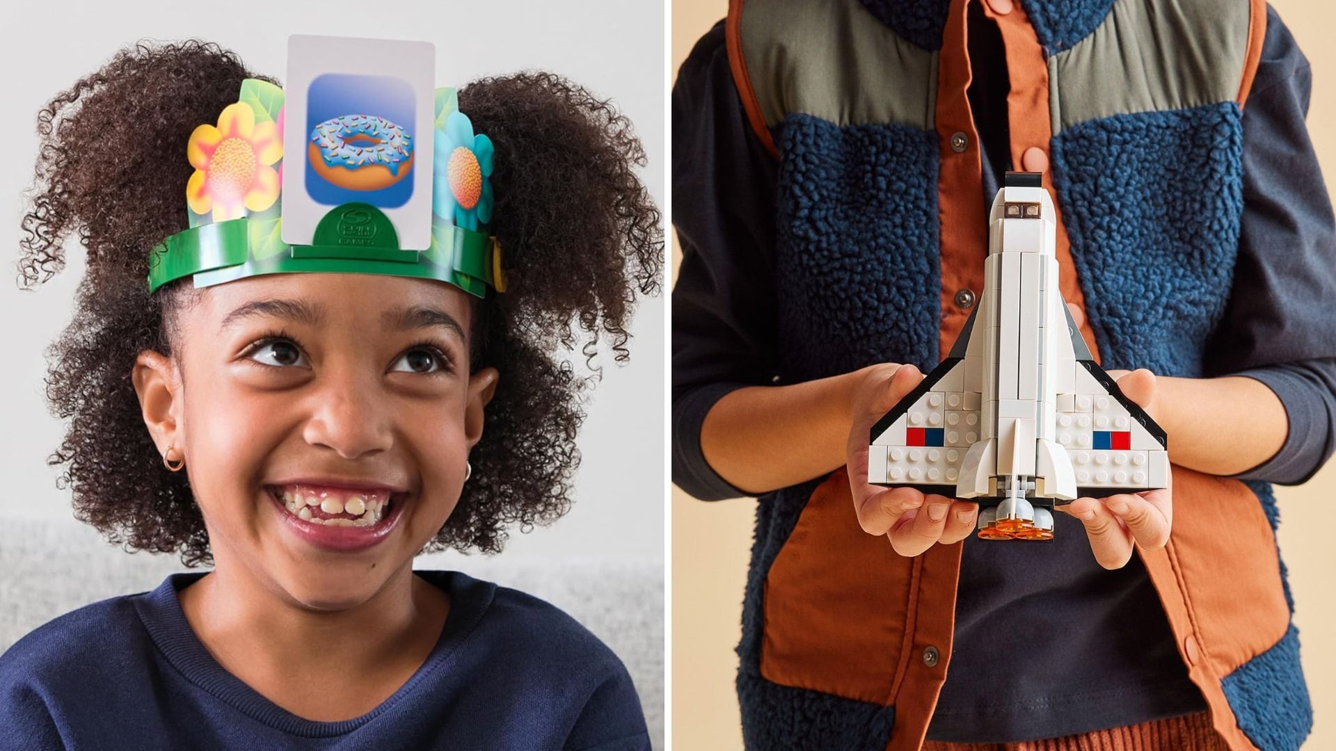 A child wearing a Headbanz headband and a child holding a LEGO rocket ship.