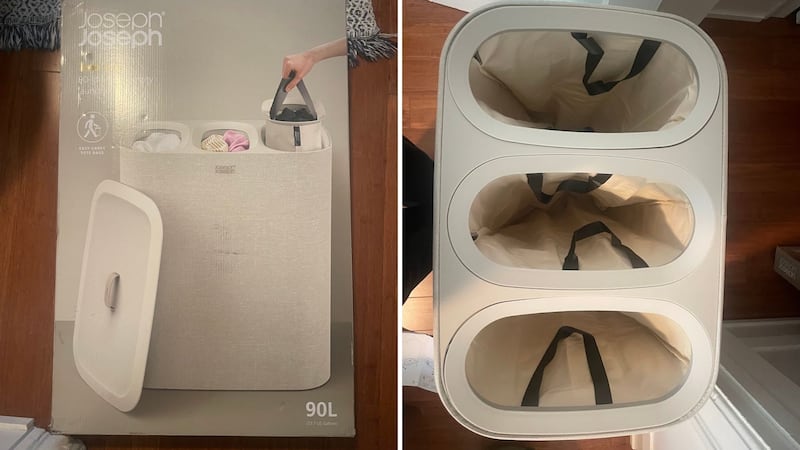The laundry hamper in its box and the assembled laundry hamper