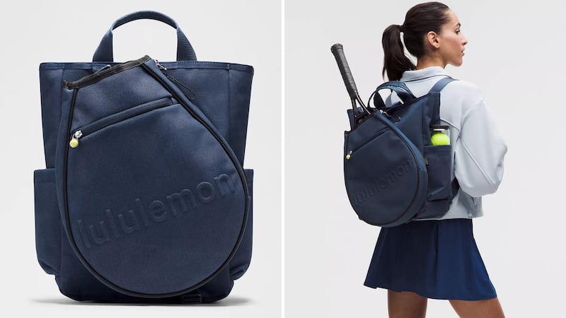 A Racket Bag and a person wearing the Racket Bag with a racket tucked into it.