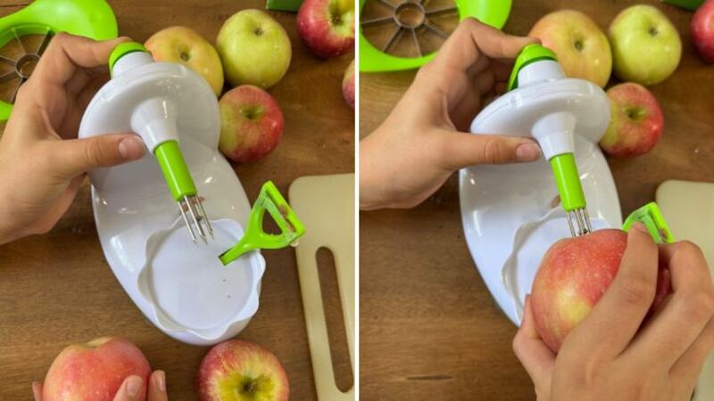 Split image of Valerie using the EZMO 3-in-1 Apple Peeler