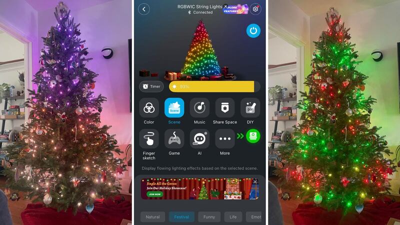 Two different lighting patterns on a screen and the lighting interface on the app.