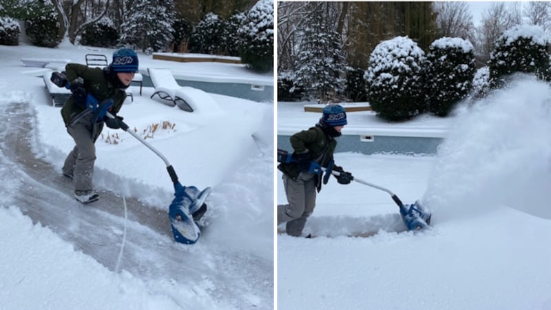 Split image of a kid using the Enhulk Electric Snow Shovel