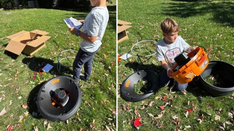 Split image of a kid reading a manual and holding the WORX 13 Amp Electric Leaf Mulcher