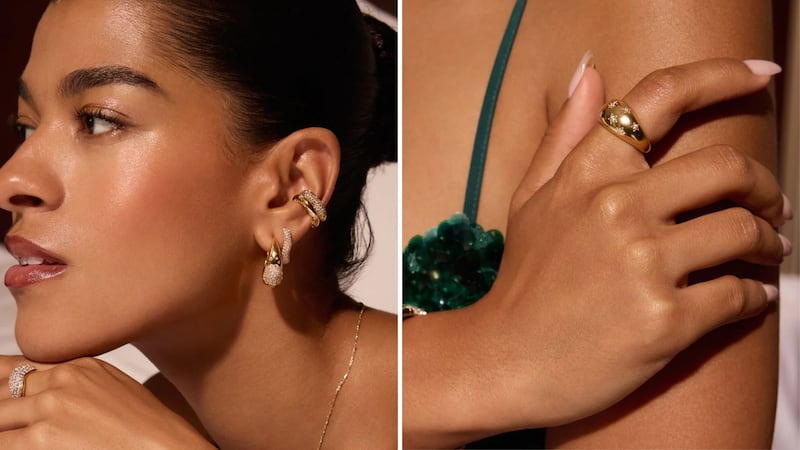 A person wearing a Hillberg & Berk earring stack and a person wearing a Hillberg & Berk ring.