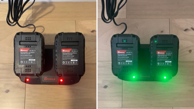 Split image of the Enhulk Electric Snow Shovel's batteries charging and fully charged