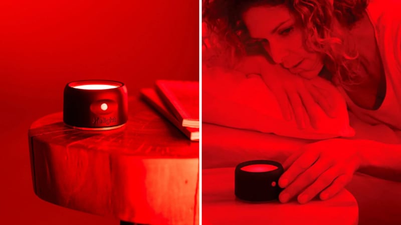 Split image of a woman touching a therapy sleep device