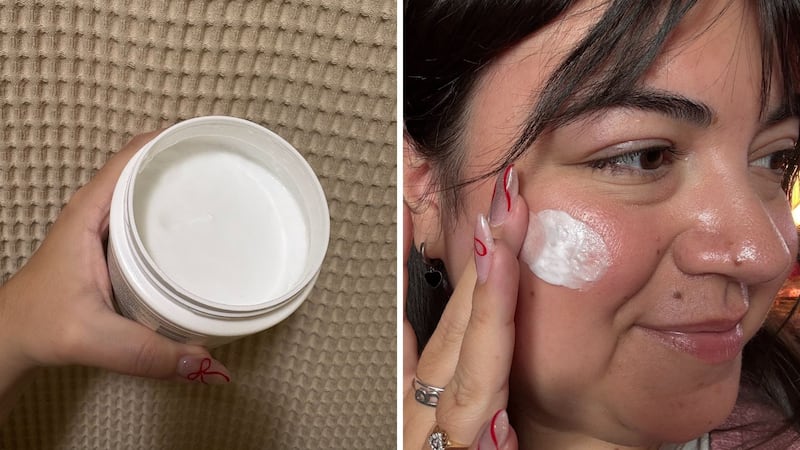 a split image of cream in the tub and Bianca applying it to her face