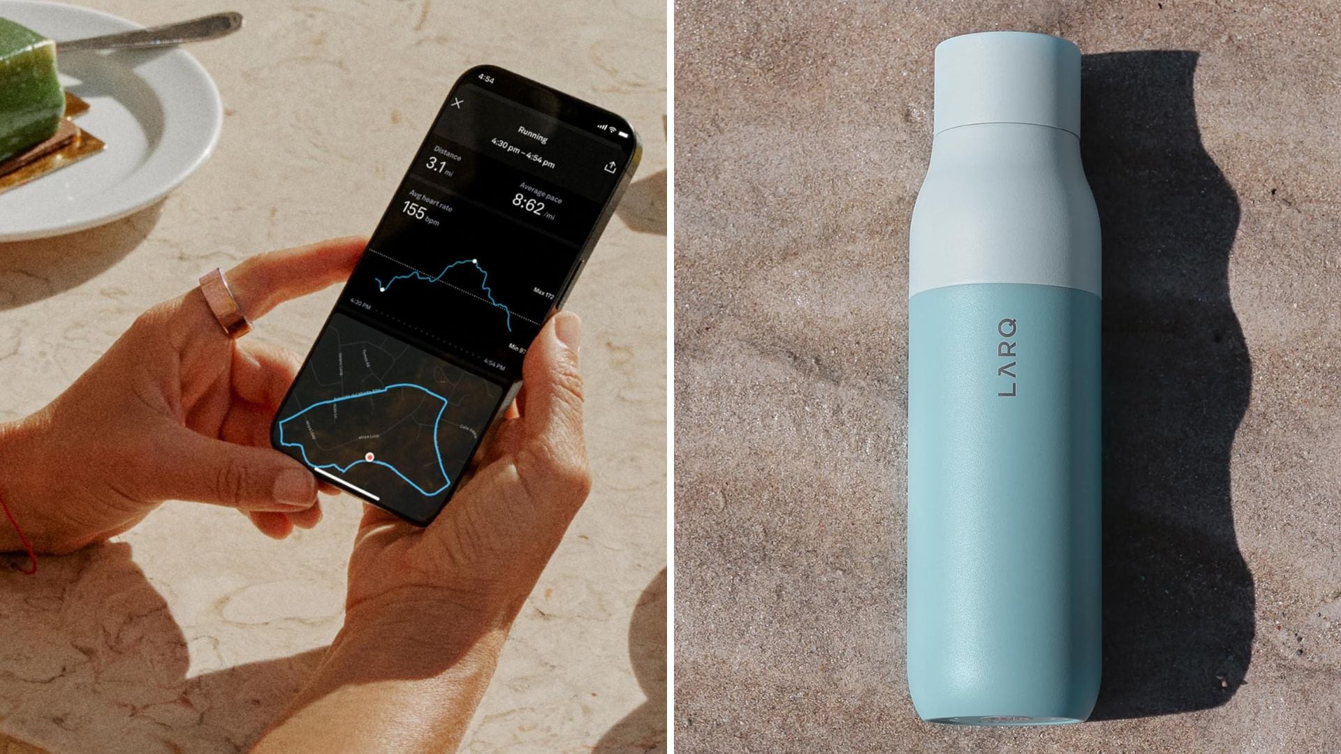 A person checking their Oura Ring stats and a LARQ water bottle.