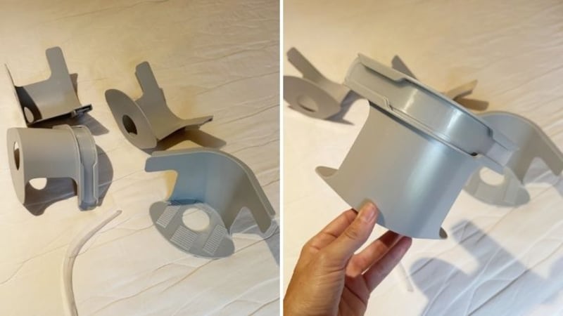 Split image of 4 grey bed sheet holder corners