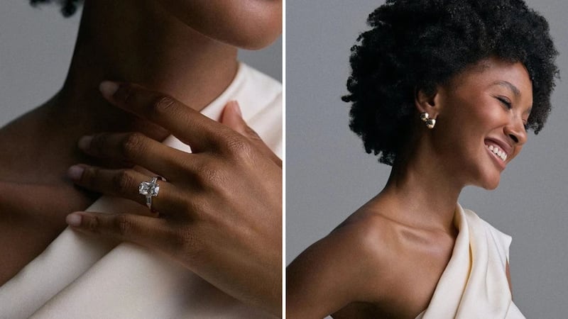 A person wearing a CELI engagement ring and a person wearing CELI earrings.