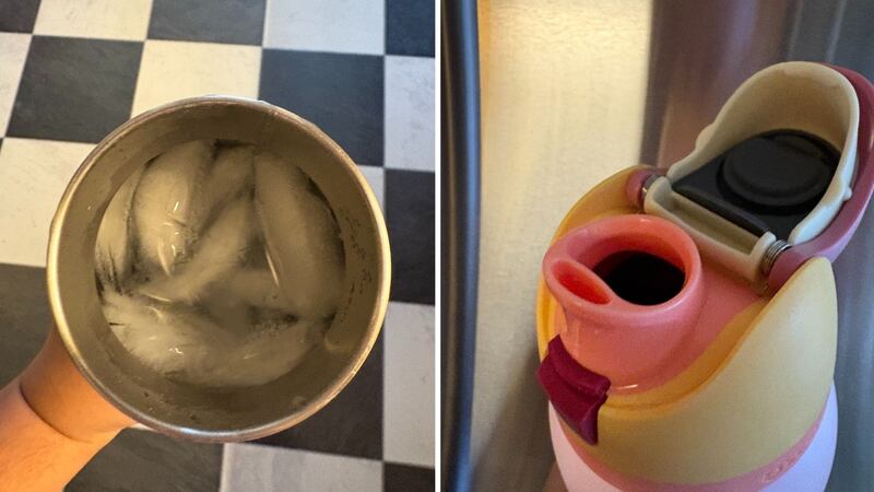 a split image showing the top of the bottle with ice in it and the lid of the bottle