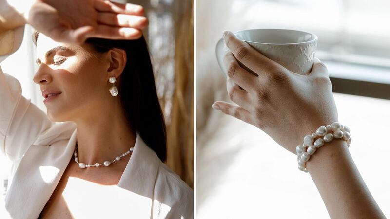 A person wearing a Nishi Pearls earring and necklace set, and a person wearing two Nishi Pearls bracelets.