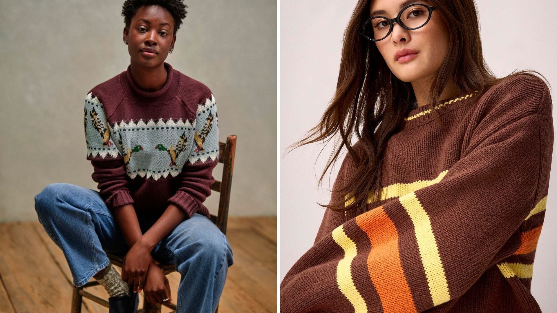 a split image of two models wearing sweaters