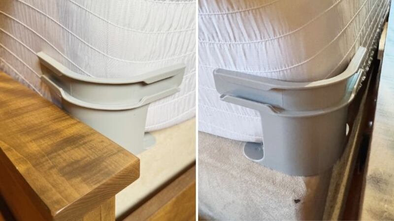 Split image of grey bed sheet holder corners installed