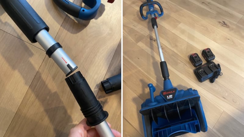 Split image of assembling the Enhulk Electric Snow Shovel