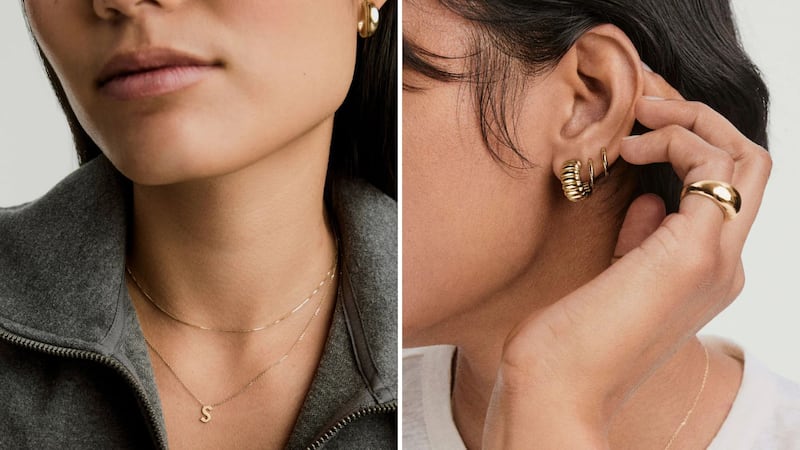 A person wearing Mejuri necklaces and a person wearing Mejuri earrings.