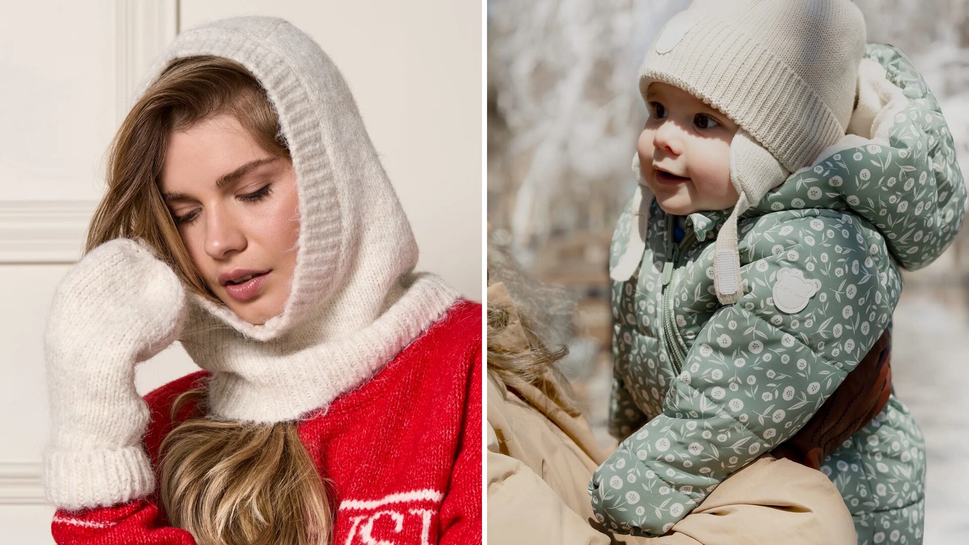 Womance's White Knit Balaclava and Petit Lem's Green Snowsuit