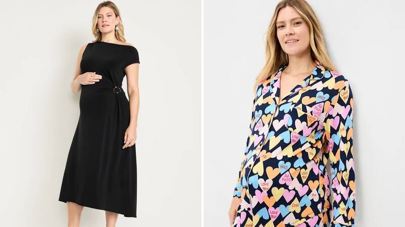 A person wearing a maternity dress and a person wearing maternity pyjamas.