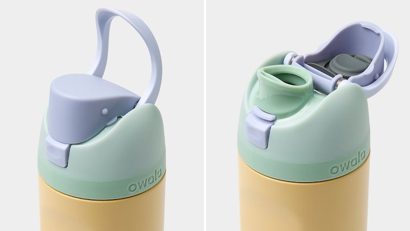 The Owala FreeSip Insulated Stainless Steel Water Bottle with its lid closed and opened.