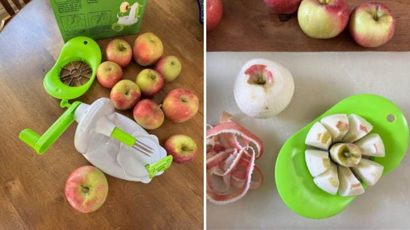 Split image of Valerie using the EZMO 3-in-1 Apple Peeler